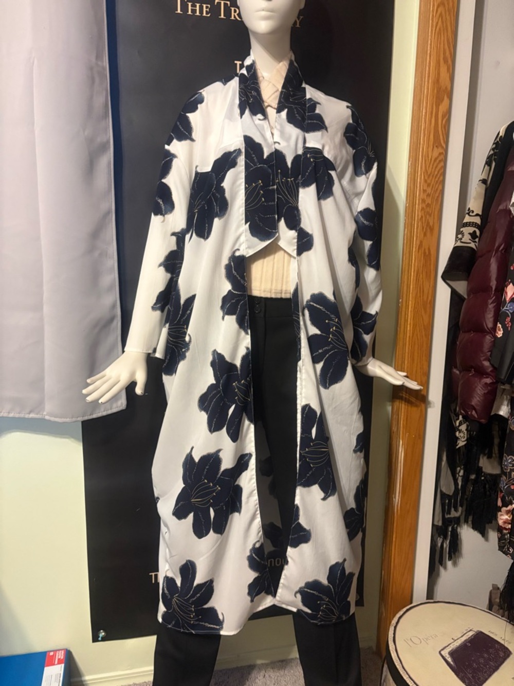 Floral Longline Open Coatigan - White & Navy